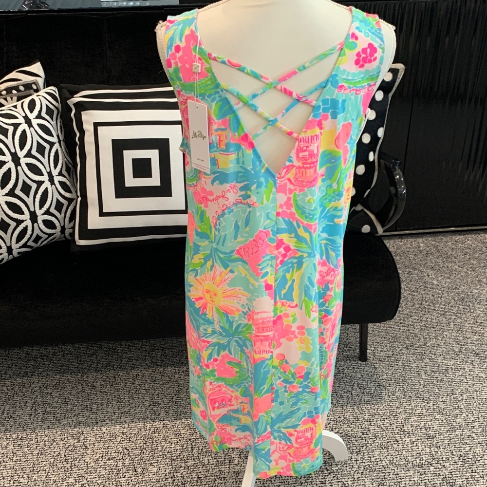 NWT. Lilly Pulitzer Sleeveless Tropical Floral Shift Dress in Neon Pink & Aqua - Picture 3 of 5